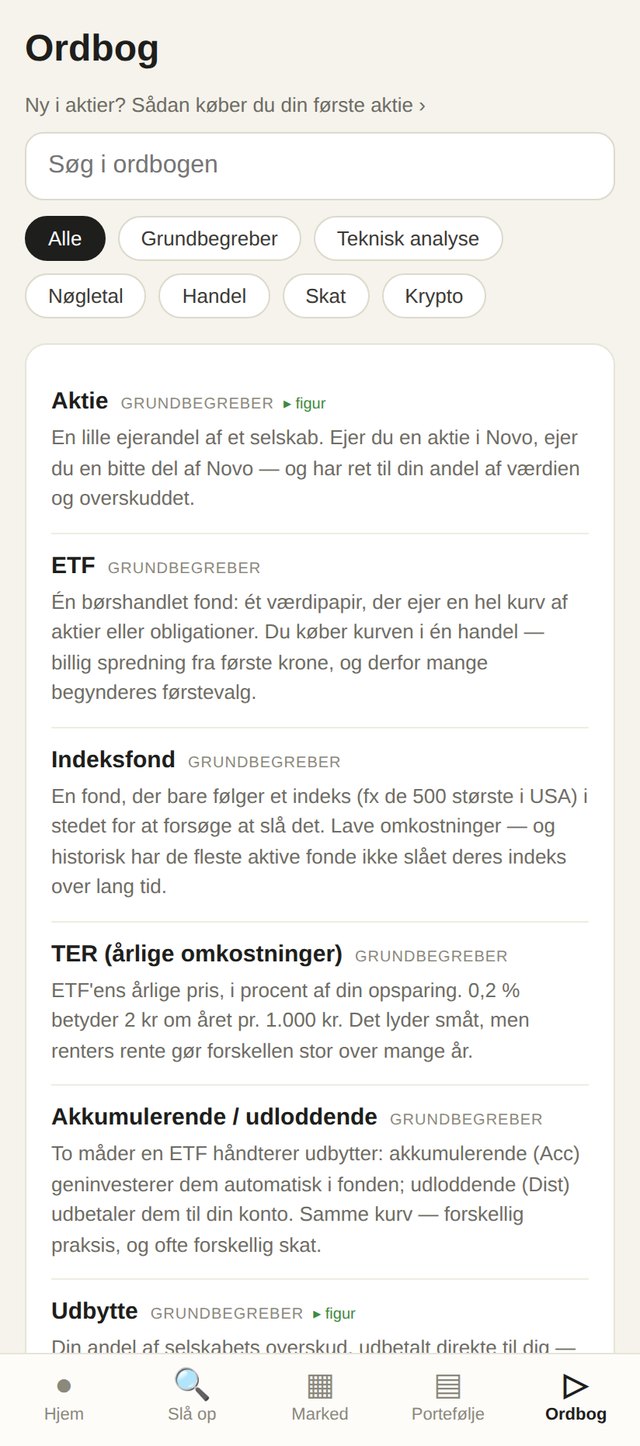 Ordbogen med aktieord forklaret i almindeligt dansk.