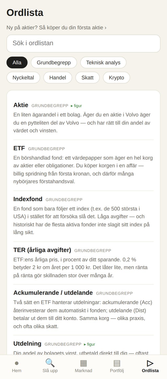Ordlistan med aktieord förklarade med vanliga ord.